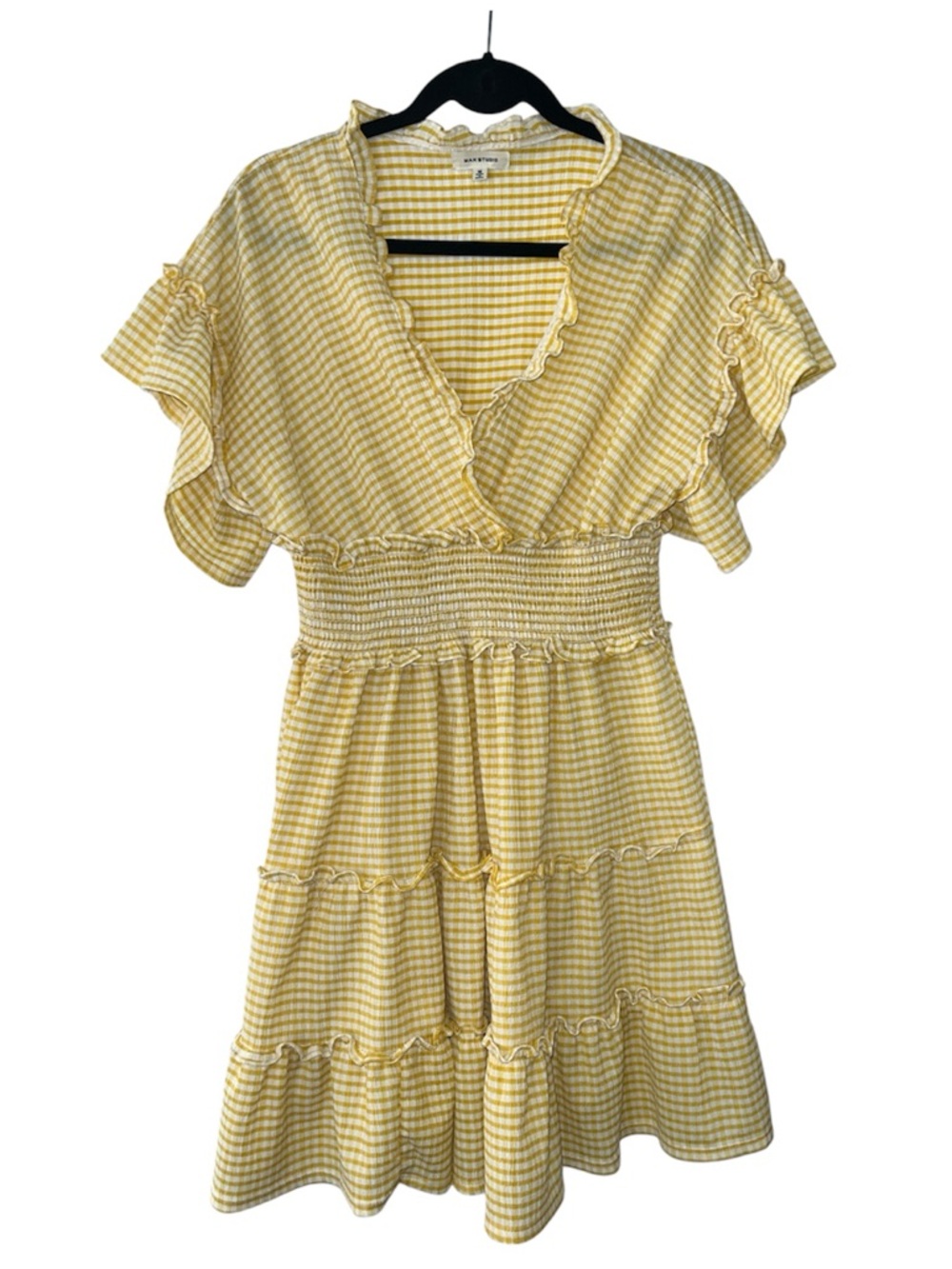 Max Studio Dress Flutter Sleeve, Ruffle, Smocked Waist Yellow and White Size M